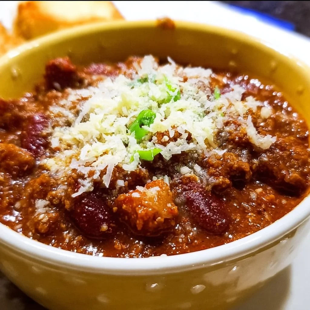 A bowl of my husband's best stovetop chili topped with cilantro and cheese.