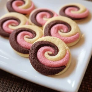 Freshly baked Neapolitan Swirl Cookies with chocolate, vanilla, and strawberry layers.