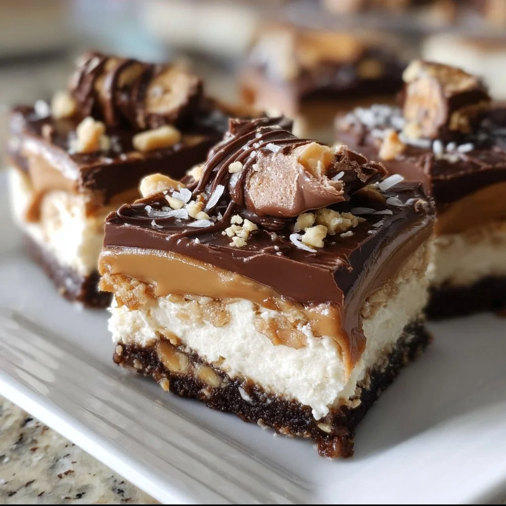 No-Bake Buckeye Cheesecake Bars with chocolate and peanut butter toppings