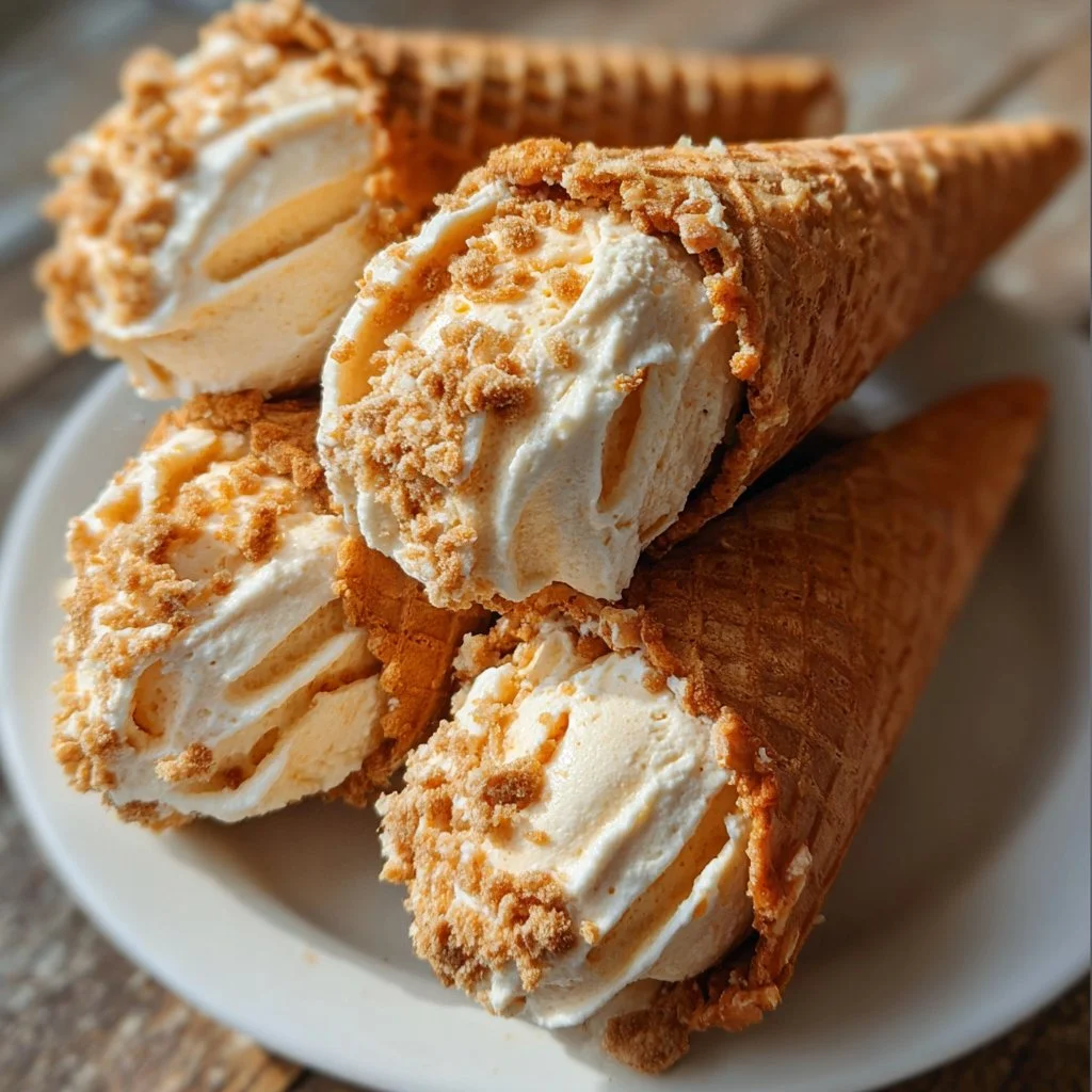 No Bake Pumpkin Cheesecake Cones topped with whipped cream and spices.