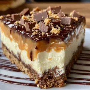No-Bake Twix Cheesecake topped with caramel and chocolate drizzles