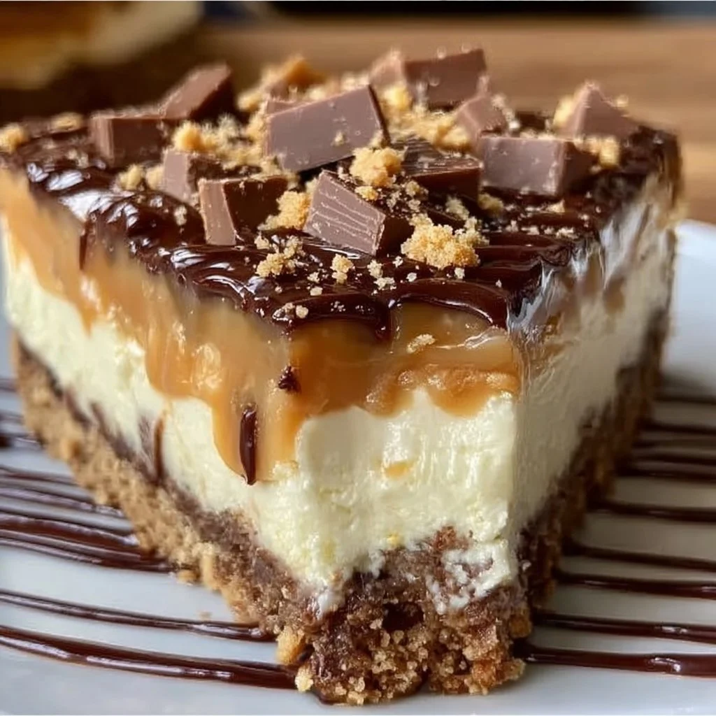 No-Bake Twix Cheesecake topped with caramel and chocolate drizzles