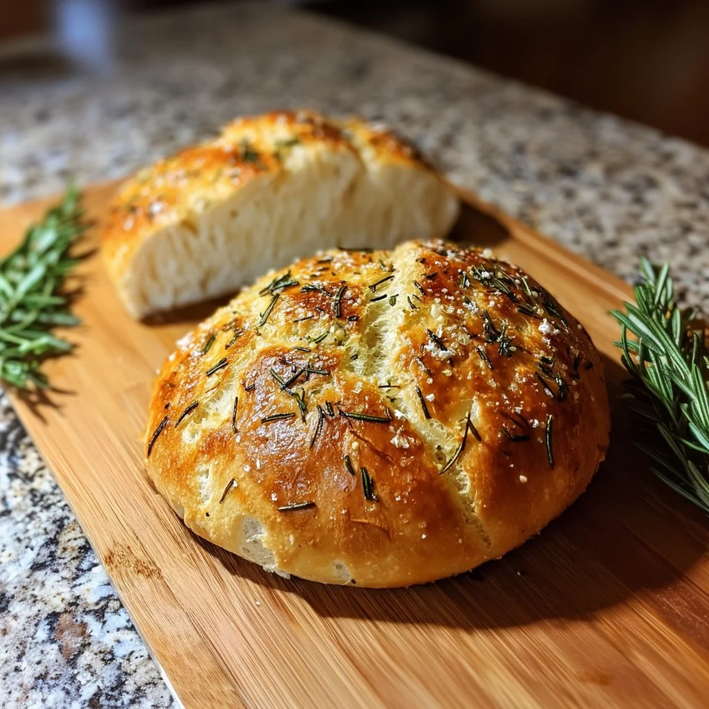 Freshly baked no-knead roasted garlic rosemary bread loaf