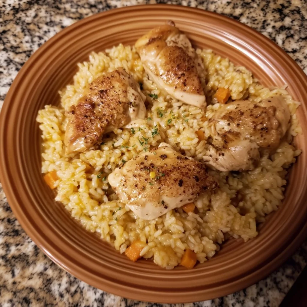 No Peek Chicken and Rice dish ready to serve with colorful vegetables.
