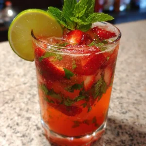 Healthy non-alcoholic strawberry mojito with fresh strawberries and mint