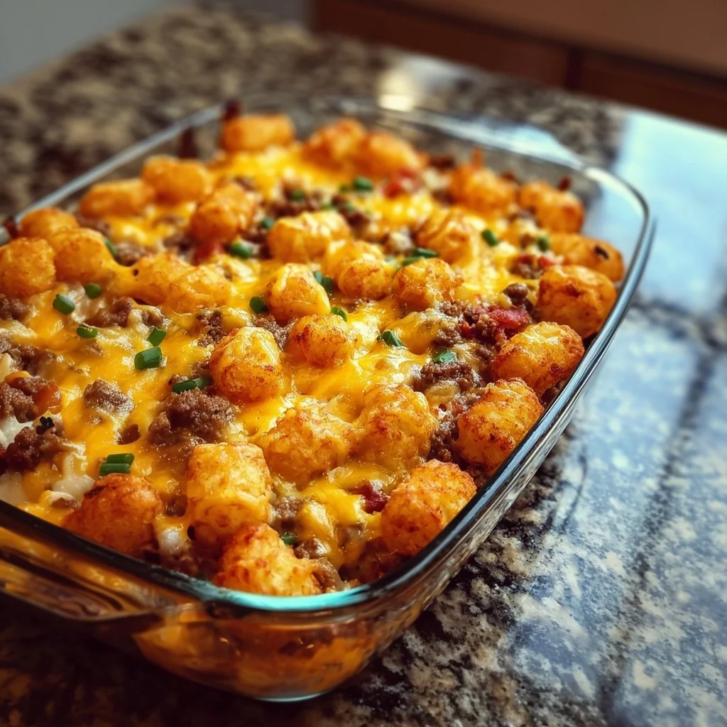 Delicious one-pan cheeseburger casserole topped with crispy tater tots