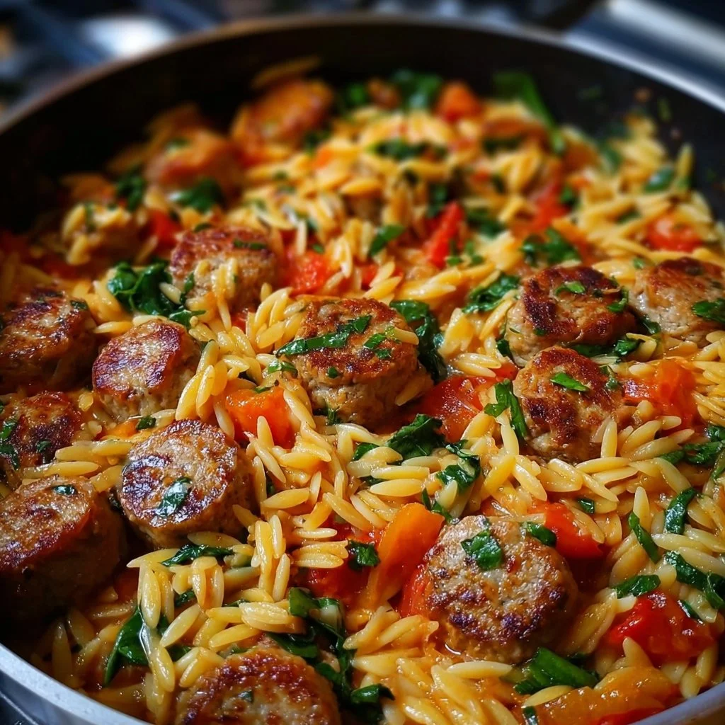 One-Pan Italian Sausage and Orzo Pasta dish with fresh herbs and vegetables