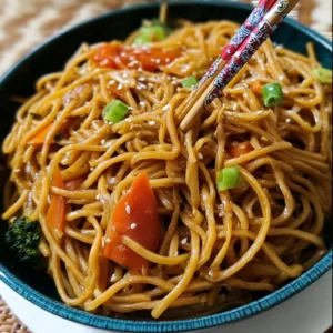 Delicious one-pot vegetarian teriyaki noodles served in a bowl with colorful vegetables