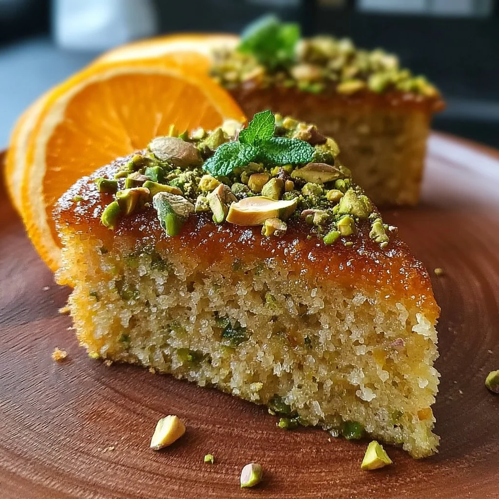 Delicious Orange Pistachio Cake decorated with orange zest and pistachios.