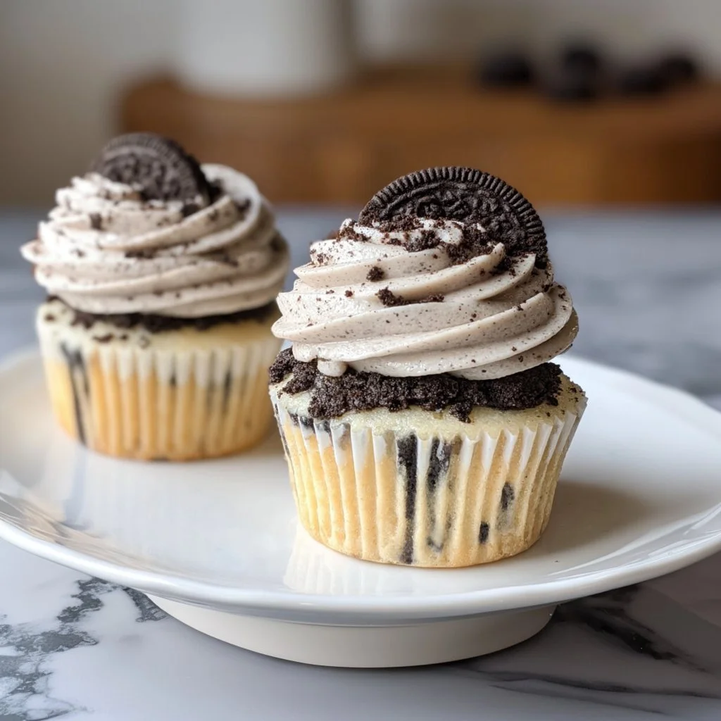 Delicious Oreo cupcakes topped with cream and crushed Oreos on a plate.