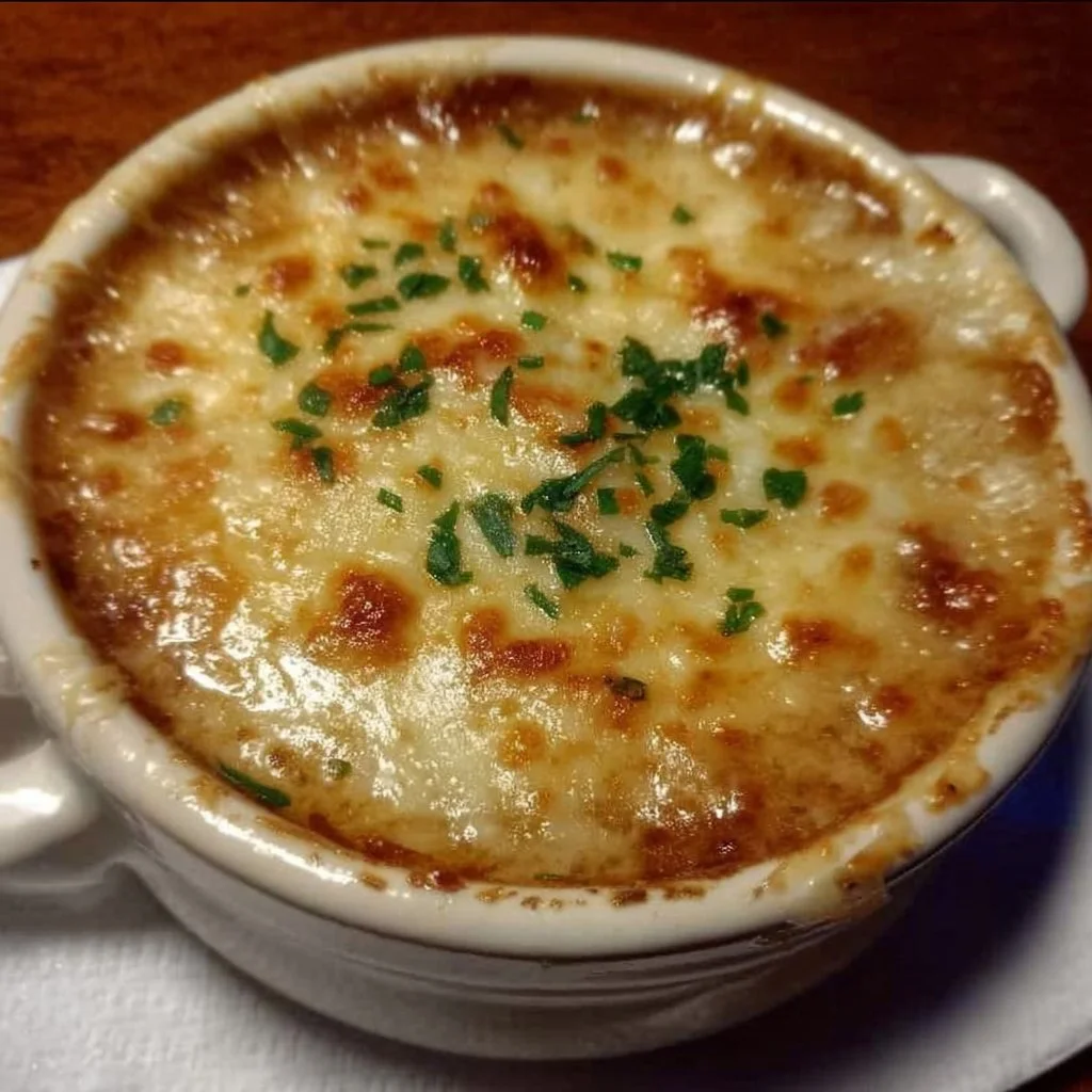 Bowl of Outback Steakhouse Walkabout Onion Soup topped with melted cheese and herbs