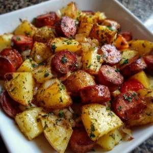 Oven roasted smoked sausage with crispy potatoes in a baking dish.