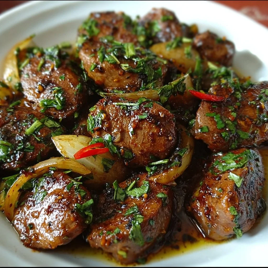 Delicious pan-fried chicken livers served on a plate with herbs and spices