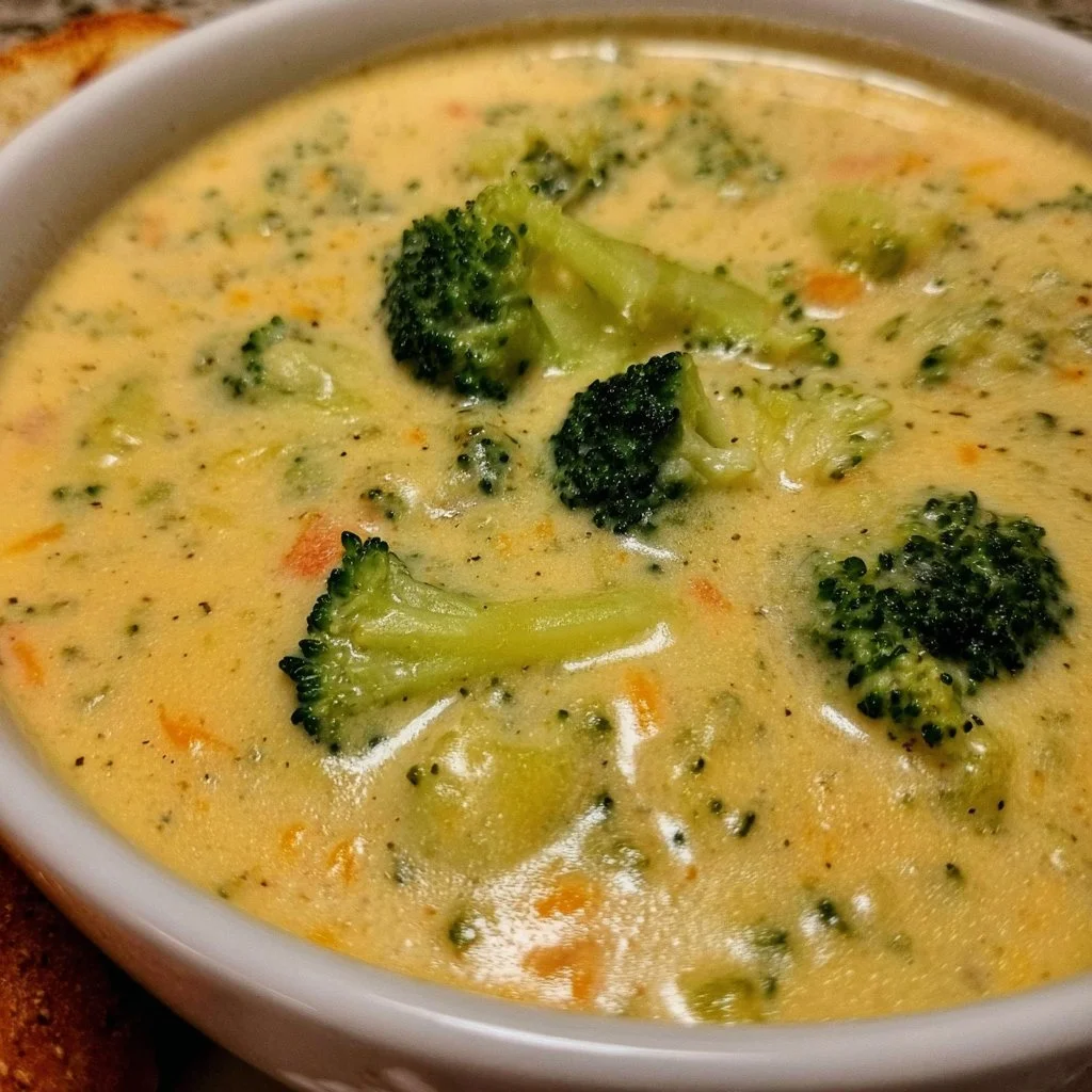 Creamy broccoli cheese soup in a bowl, inspired by Panera's delicious recipe.