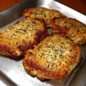 Delicious Parmesan Baked Pork Chops served on a plate with herbs