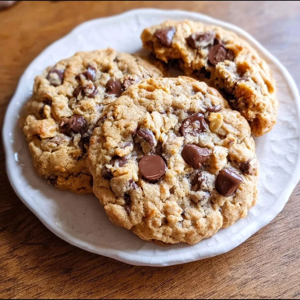 Delicious peanut butter oatmeal chocolate chip cookies on a plate