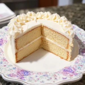 Perfect white cake with vanilla buttercream frosting on a decorative stand