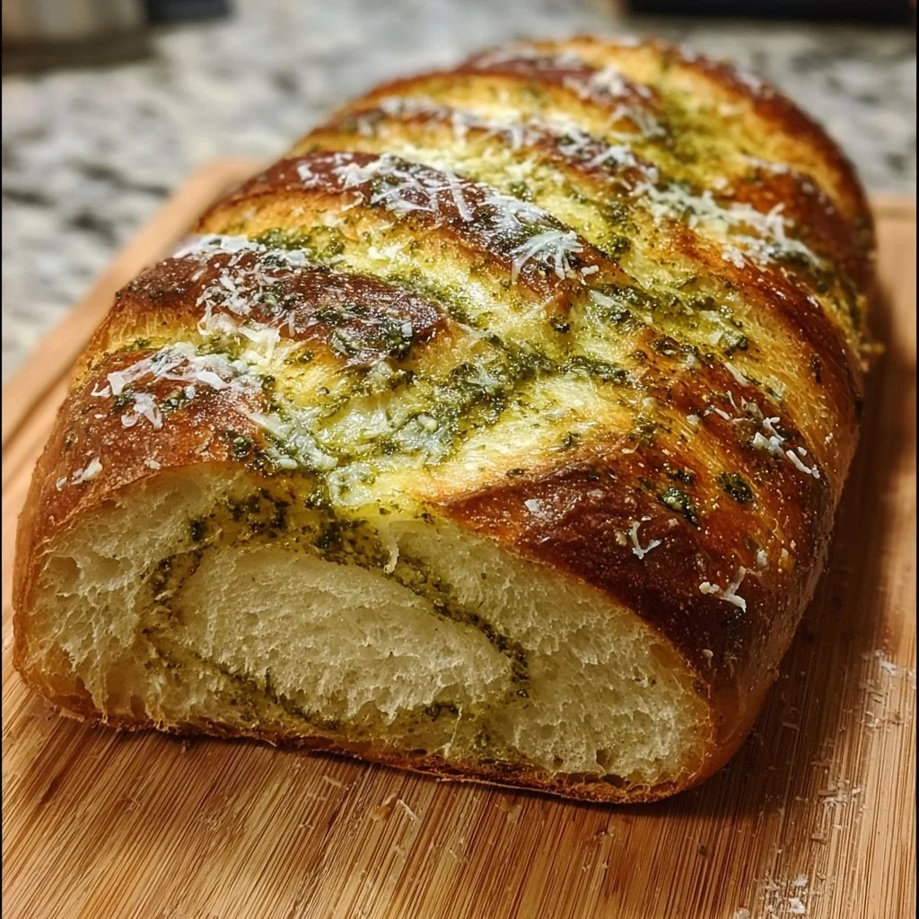 Freshly baked Pesto Parmesan Sourdough Bread with herbs and cheese
