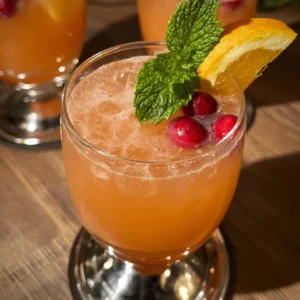 A vibrant glass of Plunter's Punch, garnished with fruits and herbs.
