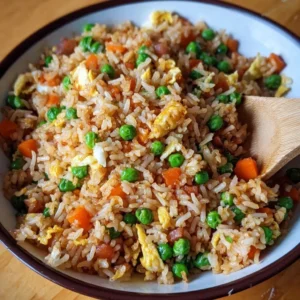 Plate of quick and easy fried rice with vegetables and eggs