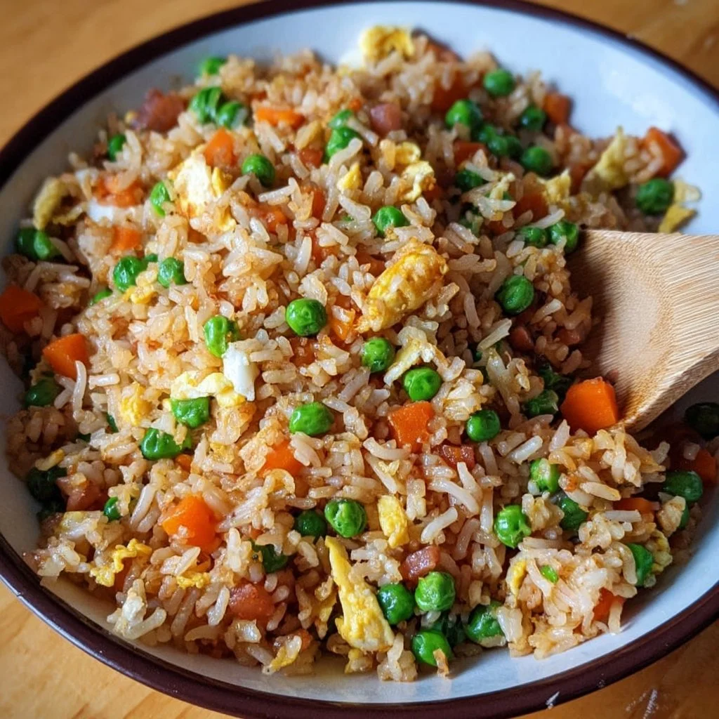 Plate of quick and easy fried rice with vegetables and eggs