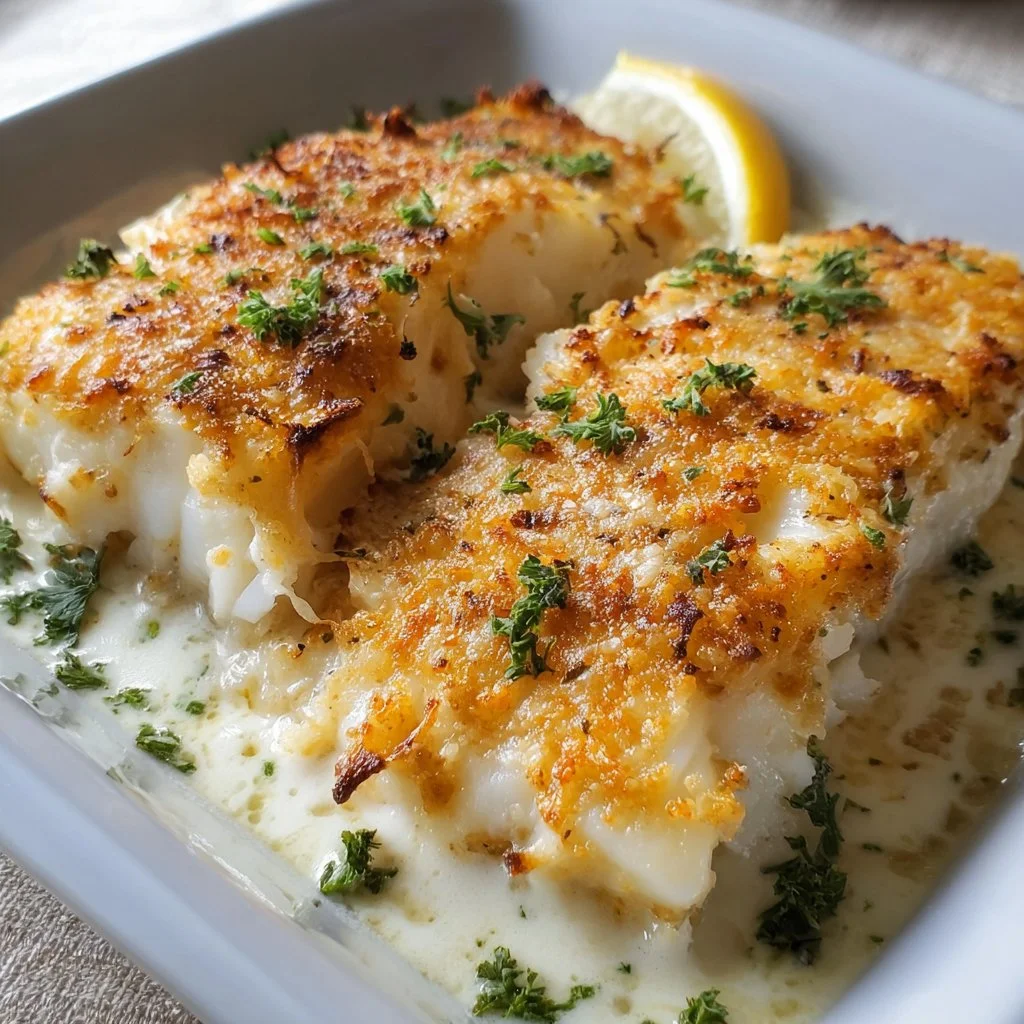 Quick baked cod recipe with mayo and parmesan topping.