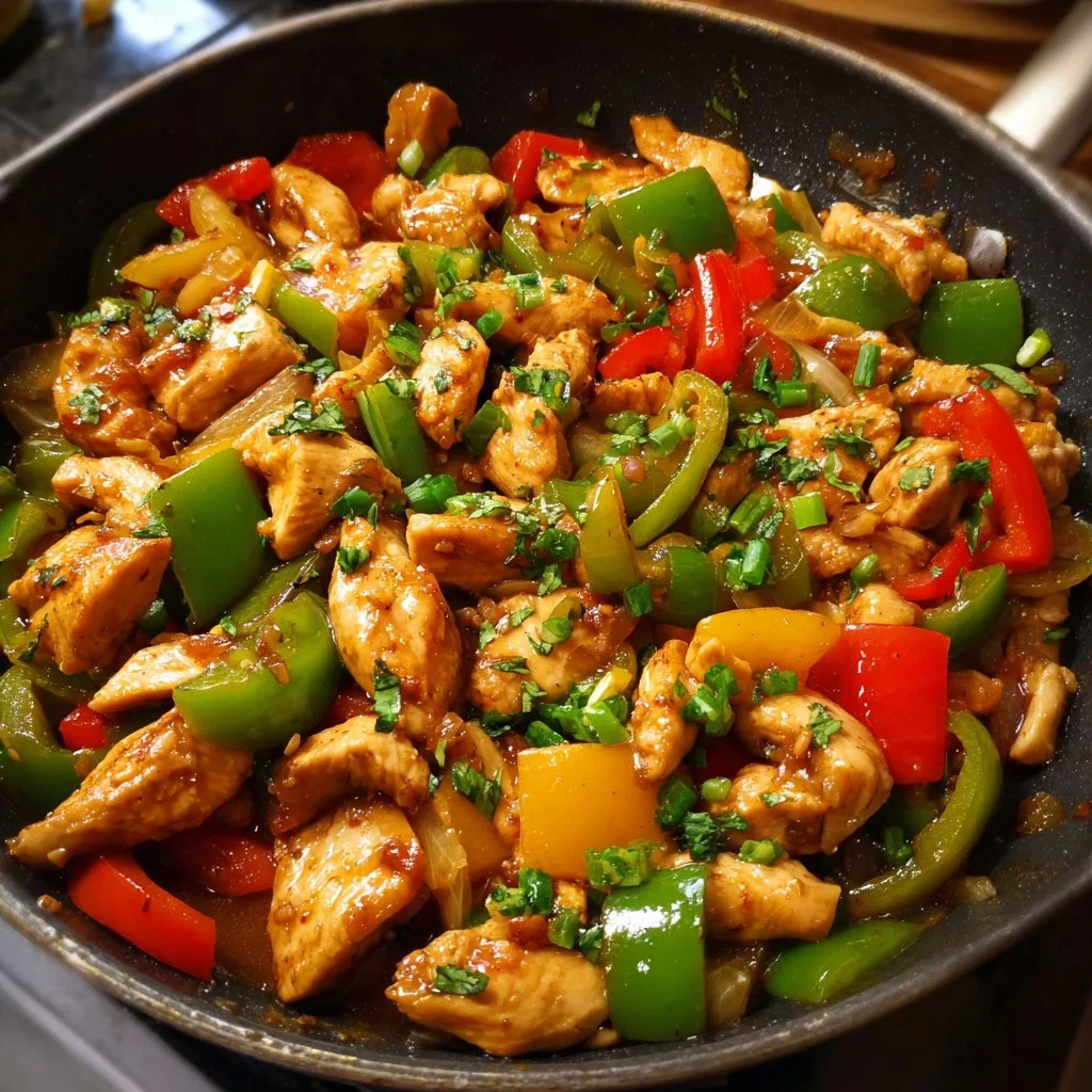 Delicious quick chicken stir fry with colorful bell peppers