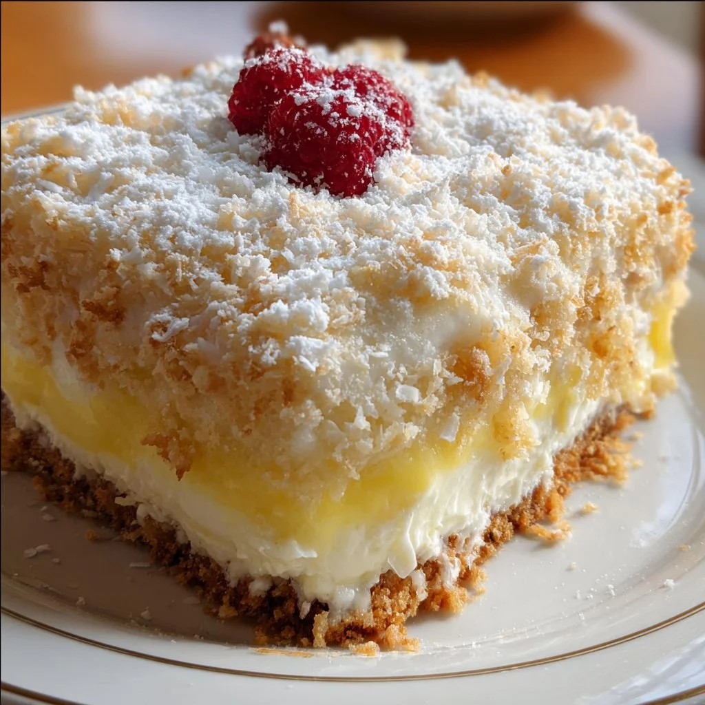 Delicious Raspberry Coconut Cake topped with fresh raspberries and coconut flakes