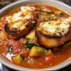 Bowl of Ratatouille Soup with a slice of cheese toast on the side