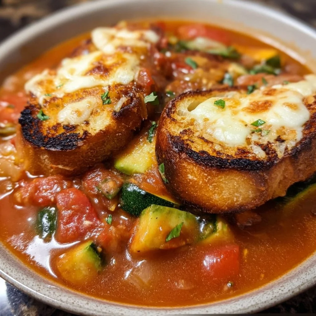 Bowl of Ratatouille Soup with a slice of cheese toast on the side
