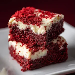 Delicious Red Velvet Brownies topped with cream cheese frosting
