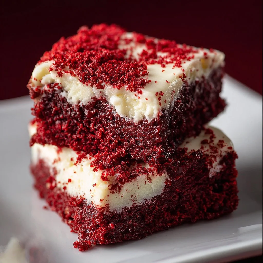 Delicious Red Velvet Brownies topped with cream cheese frosting