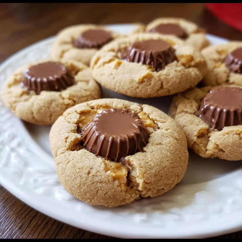 Plate of Reese's Peanut Butter Cup Cookies with chocolate and peanut butter