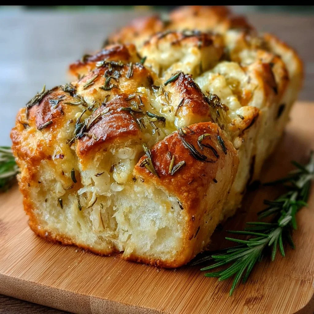 Freshly baked rosemary garlic pull apart bread served warm