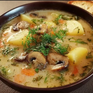 Bowl of Russian potato soup with mushrooms garnished with fresh herbs