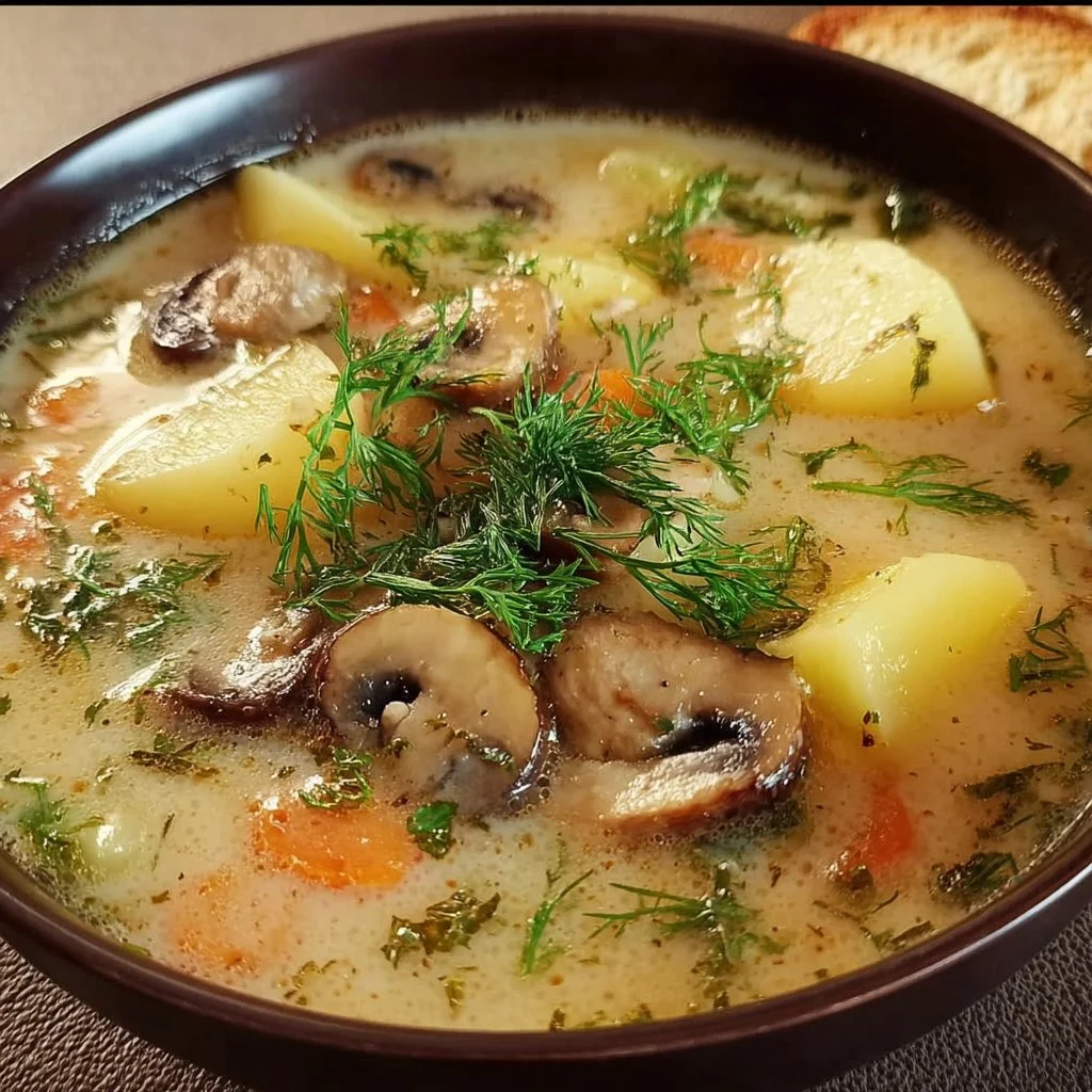 Bowl of Russian potato soup with mushrooms garnished with fresh herbs