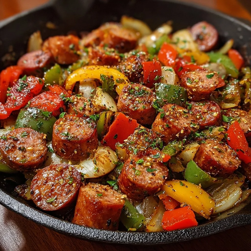 Sausage skillet with Andouille sausage and vegetables in a cast iron pan