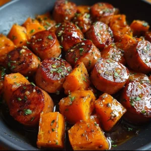 Sausage and sweet potatoes with honey garlic sauce on a plate
