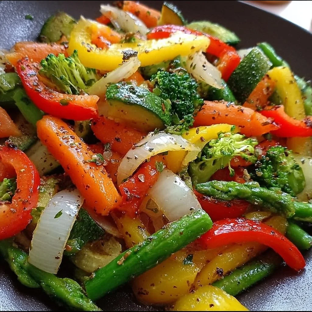 Colorful sautéed vegetables in a skillet with spices and herbs.