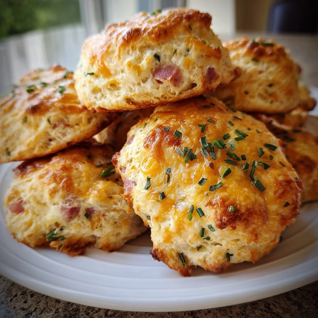 Savory ham cheese chive biscuits on a wooden table
