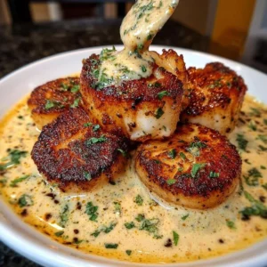 Seared scallops topped with zesty Cajun cream sauce on a plate.