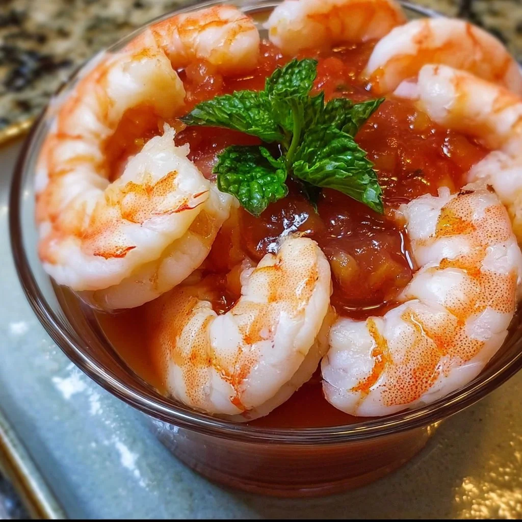 Delicious shrimp cocktail served with zesty cocktail sauce and lemon wedges.