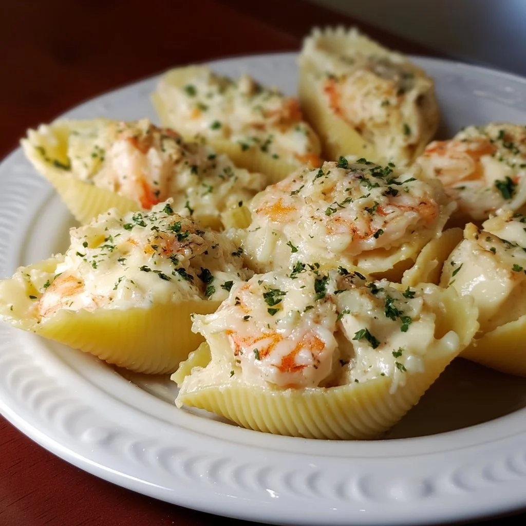 Shrimp and crab stuffed pasta shells served in a white sauce with herbs