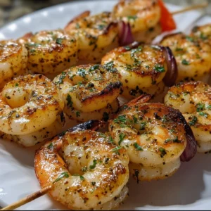 Delicious grilled shrimp skewers garnished with herbs and spices
