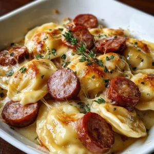 Delicious slow cooked pierogies and sausage served in a bowl