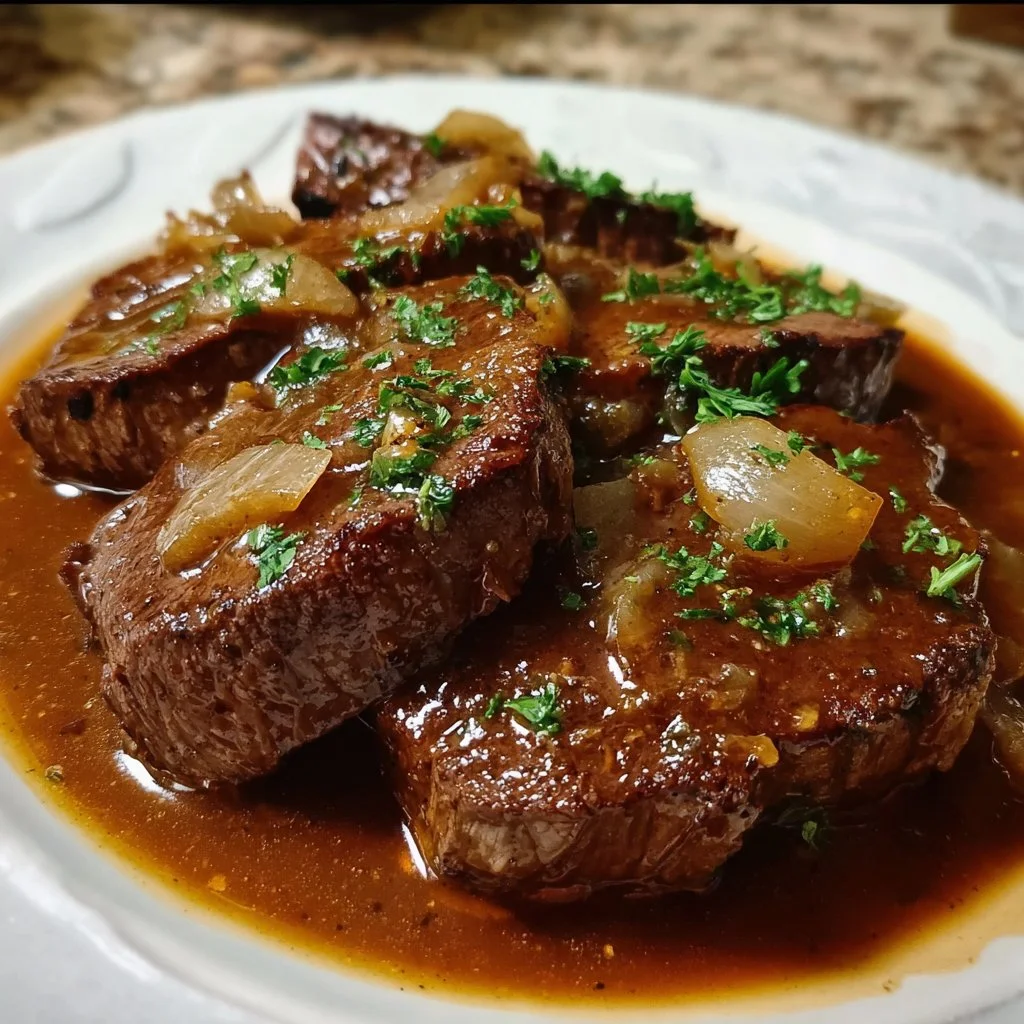 Delicious slow cooked round steak served with vegetables