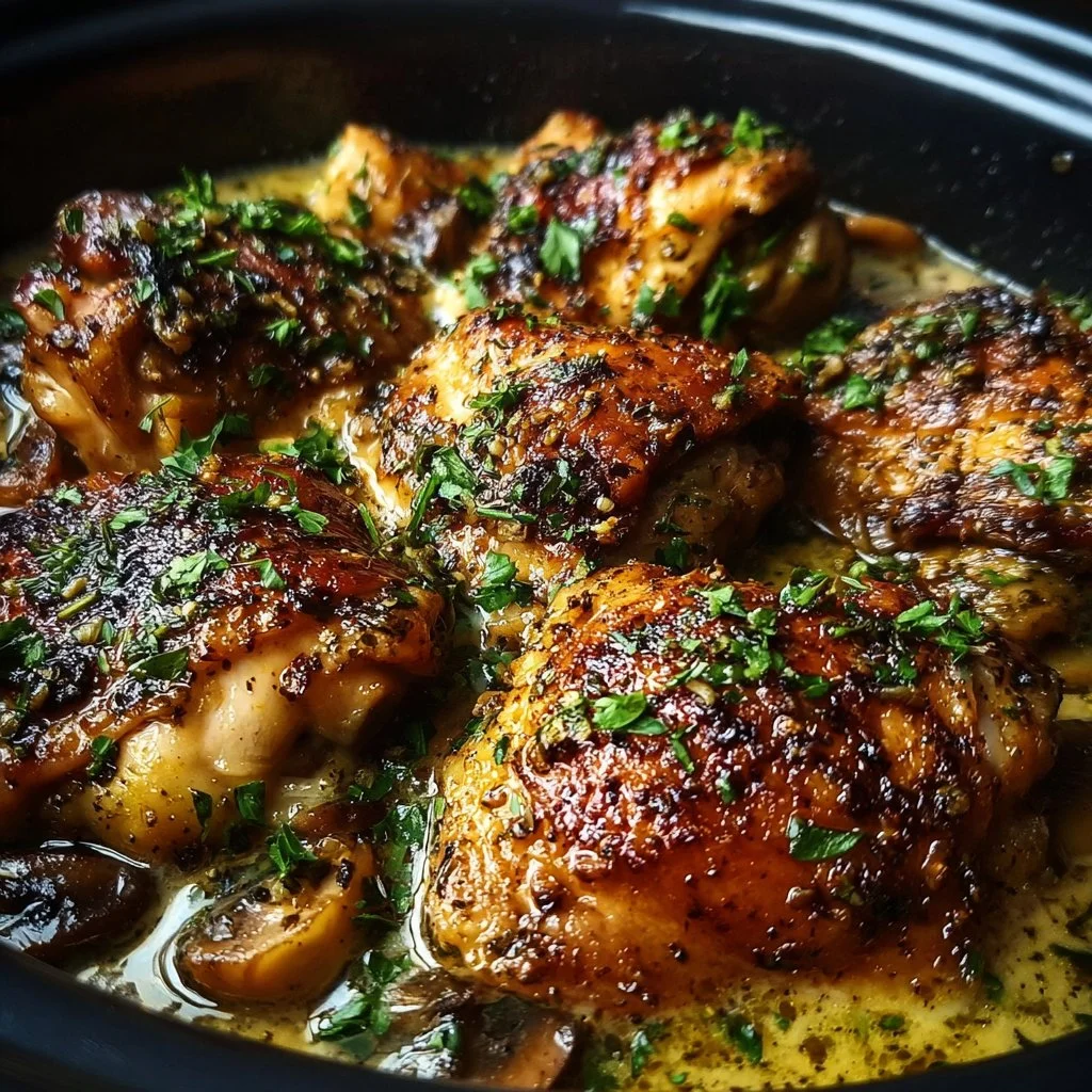 Delicious slow cooker chicken thighs garnished with fresh herbs