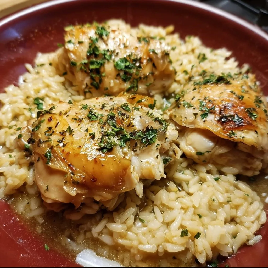 Slow Cooker Lemon Herb Chicken served with fluffy rice on a plate