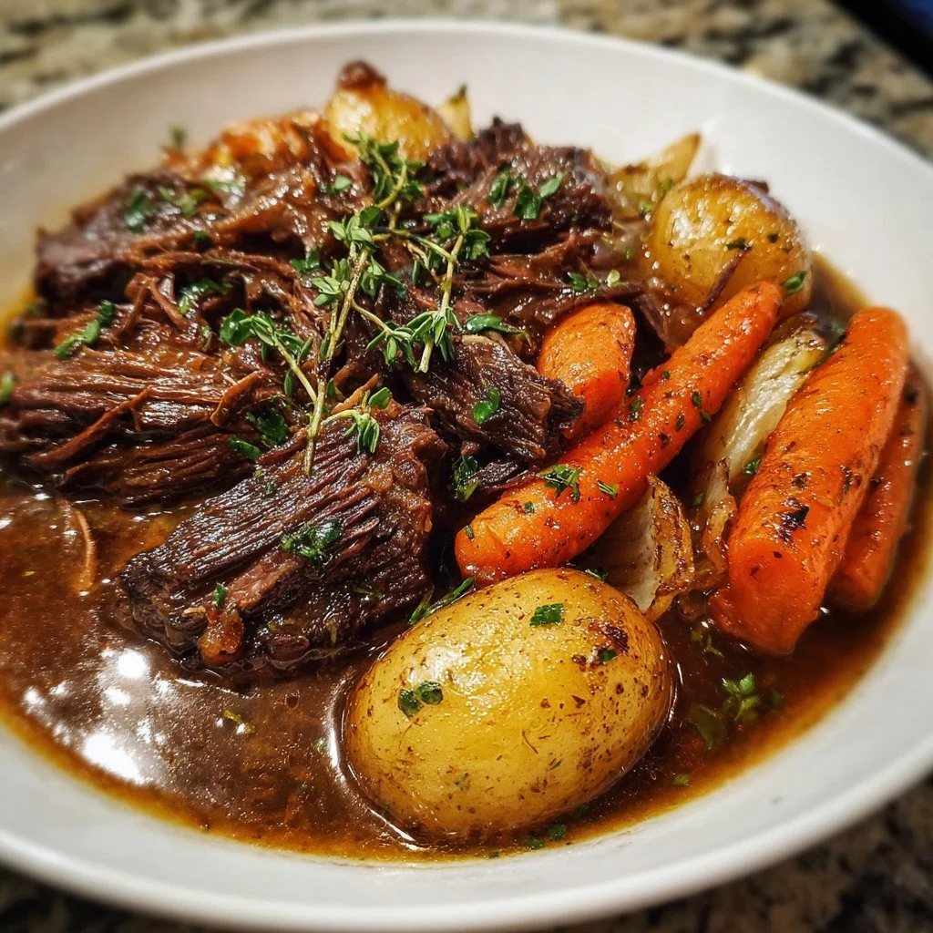 Delicious slow cooker pot roast served with carrots and potatoes.
