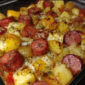 Smoked sausage and potato bake dish garnished with herbs